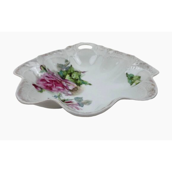 Antique K Steinmann German Porcelain Floral Dish Pink Roses Scalloped Edges - Picture 4 of 10